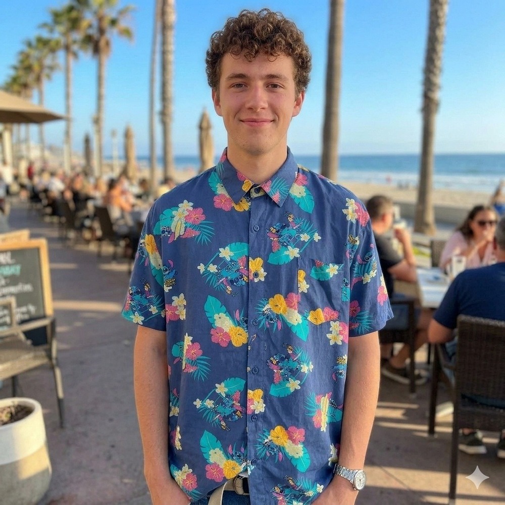 Disney Stitch Hawaiian Shirt Mens XL Blue Excellent Tropical Floral Rayon Button